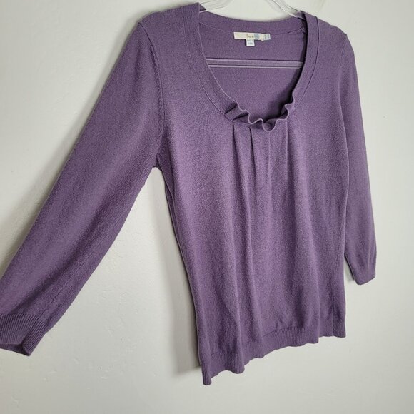 Boden Sweater 3/4 Sleeve Pleated Front Ruffle Round Neck Purple Size 8 - Picture 6 of 12
